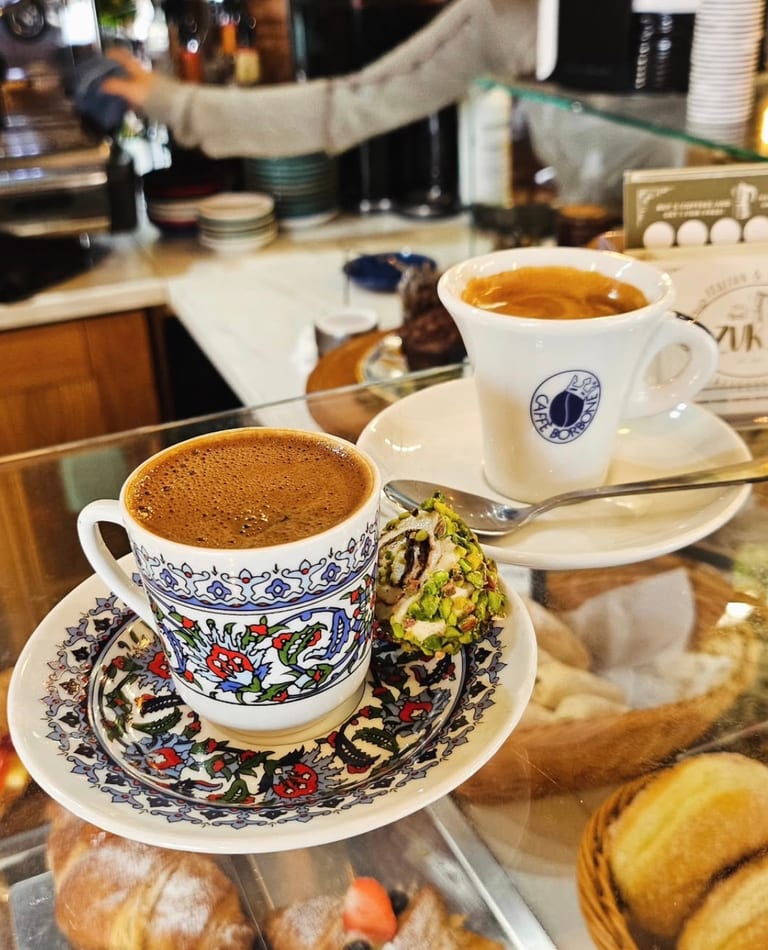 Traditional Turkish coffee served in an ornate cup